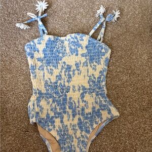 Smocked Blue and Cream One-Piece Swimsuit with Daisy Tie Straps